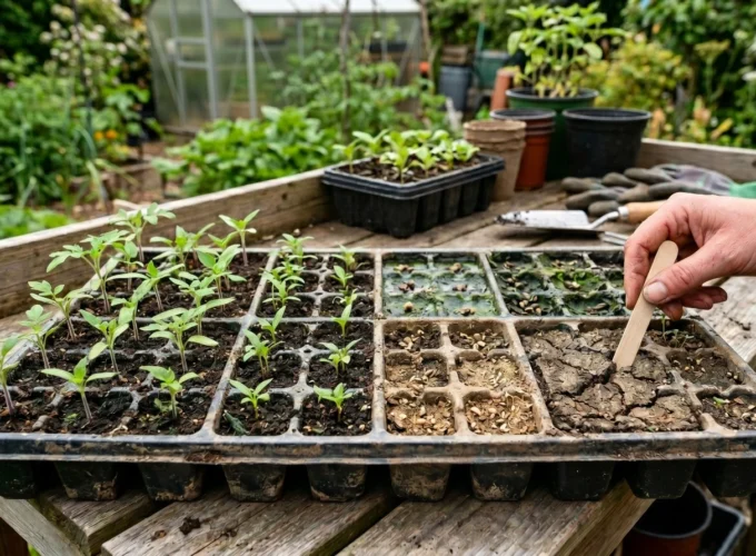 Seedling tray showing healthy and poorly germinated seeds caused by common growing media mistakes in a home garden.