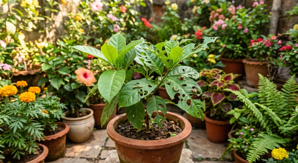 Potted garden plant with leaves full of holes caused by caterpillars and chewing pests in a colorful home garden.