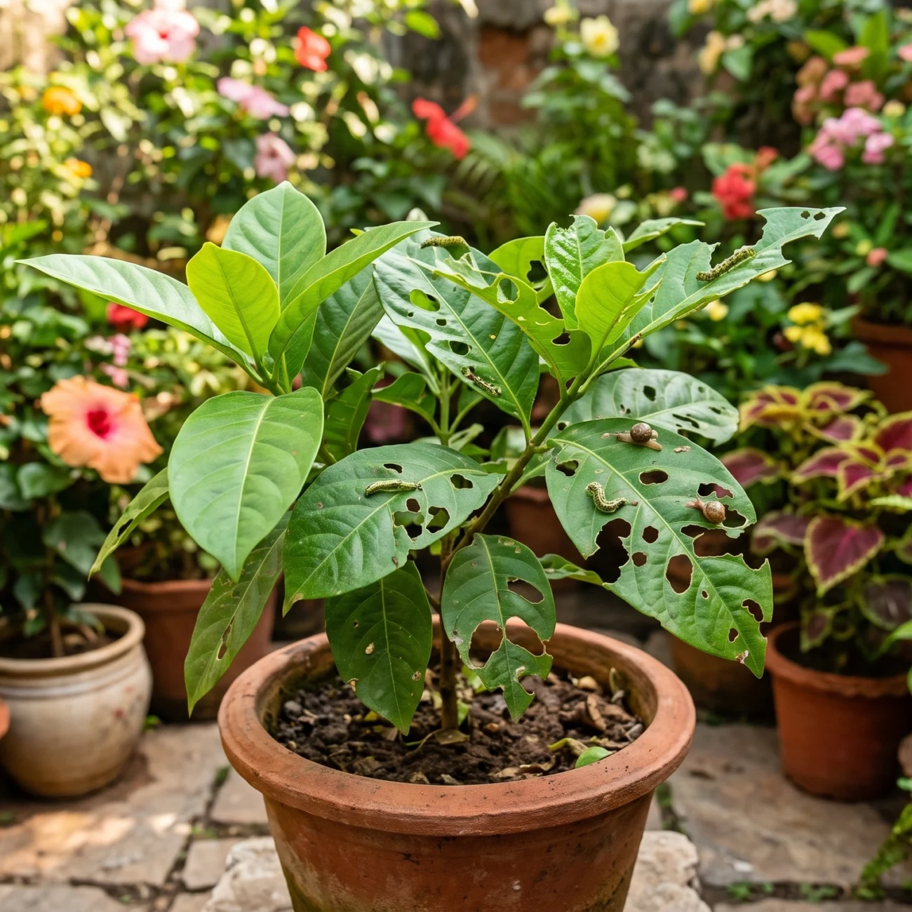 Potted garden plant with leaves full of holes caused by caterpillars and chewing pests in a colorful home garden.
