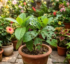 Potted garden plant with leaves full of holes caused by caterpillars and chewing pests in a colorful home garden.