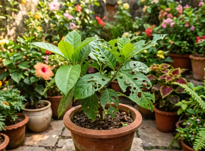 Potted garden plant with leaves full of holes caused by caterpillars and chewing pests in a colorful home garden.