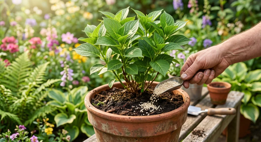Gardener applying bone meal fertilizer to a healthy green potted flowering plant in a garden to encourage blooming and improve flower production.