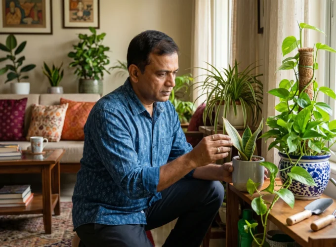 Indoor plant owner inspecting a houseplant near a sunny window surrounded by healthy indoor plants to understand why indoor plants stop growing after a few months.