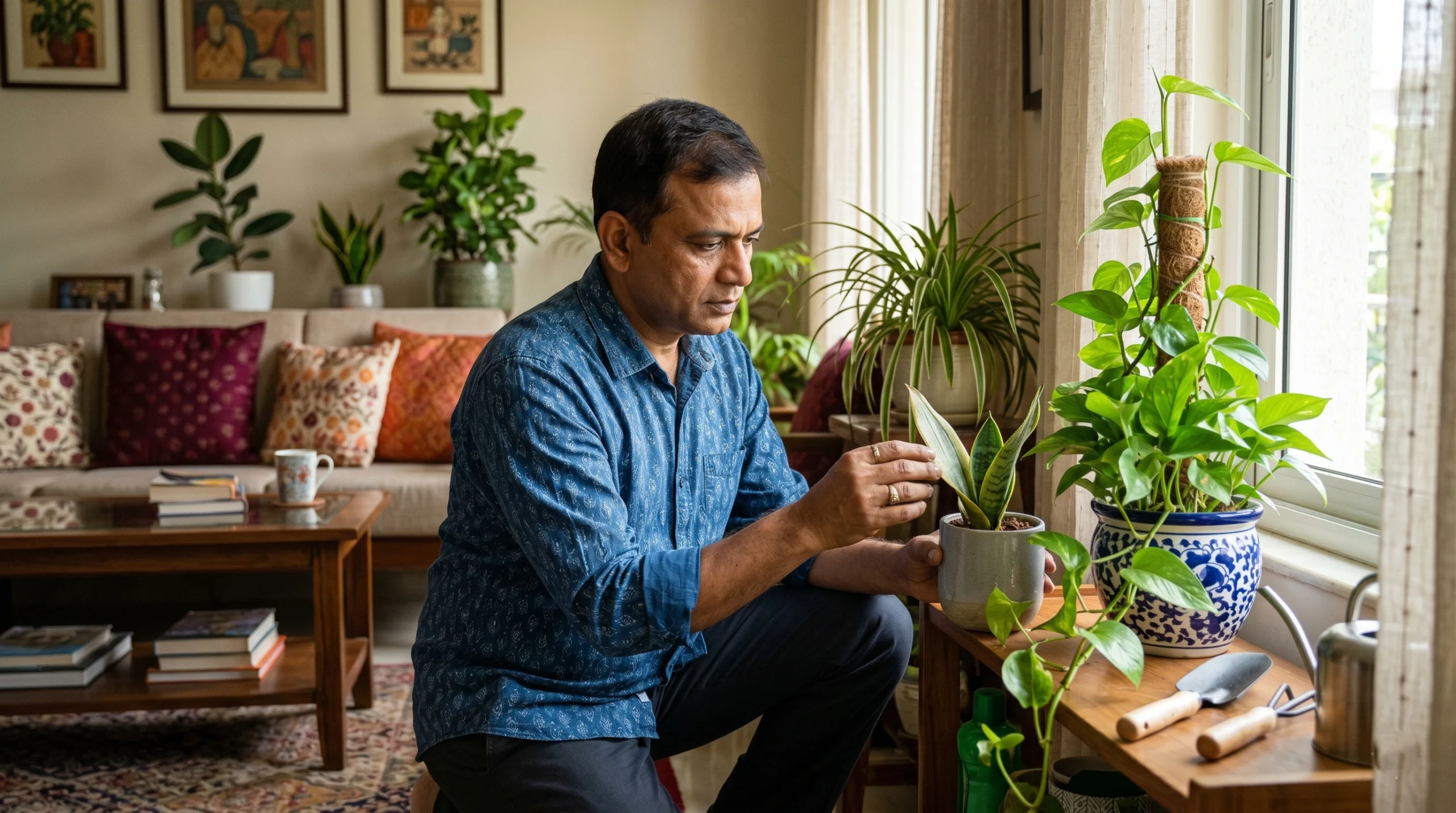 Indoor plant owner inspecting a houseplant near a sunny window surrounded by healthy indoor plants to understand why indoor plants stop growing after a few months.
