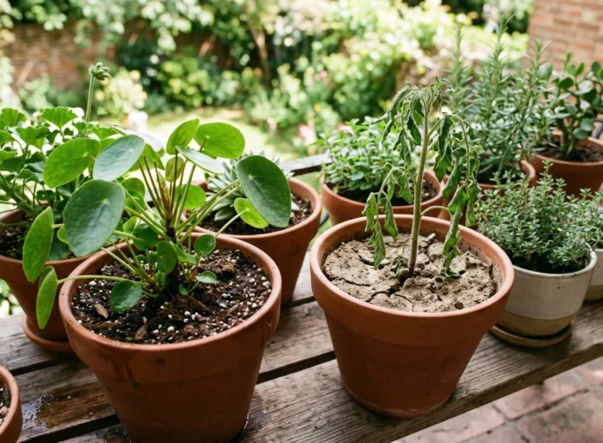My Potted Plants drying out quickly in terracotta pots on a balcony, showing healthy and wilted plants due to moisture loss and hot weather conditions.