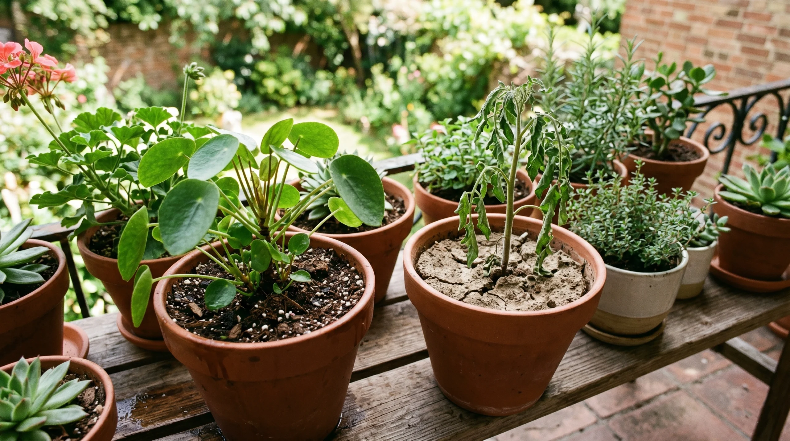 My Potted Plants drying out quickly in terracotta pots on a balcony, showing healthy and wilted plants due to moisture loss and hot weather conditions.