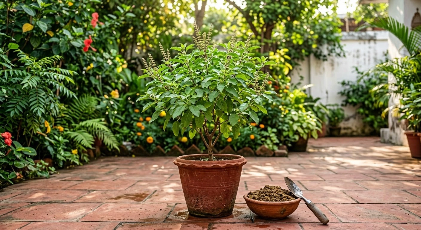 Healthy Tulsi (Holy Basil) plant growing in a clay pot with a bowl of mustard cake fertilizer and a small garden trowel in a sunny Indian home garde